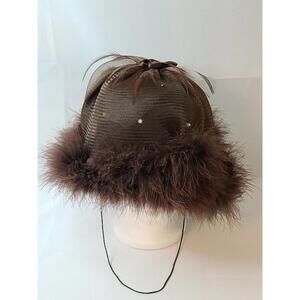 VTG Ellie Fine Hats Women's Cloche Wool Brown Tulle Feathers Rhinestones 22"READ